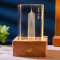 3D laser engraved crystal night light featuring New York skyscraper on wooden base - New York Landmark (Style 5) / Rechargeable Multi-color Crystal Base