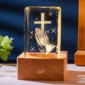 3D laser engraved crystal night light with praying hands cross and wooden LED base - Praying Hands & Cross (Style 6) / Rechargeable Multi-color Crystal Base