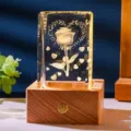 3D inner-carved crystal rose night light with a warm-glow natural wooden base ornament - Rose & Hearts (Style 7) / Rechargeable Multi-color Crystal Base