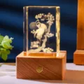 Variant 3D laser engraved crystal night light with crane design and warm wooden base light - Crane and Pine (Style 8) / Rechargeable Multi-color Crystal Base