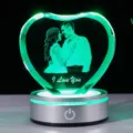 3D laser gegraveerde hartvormige kristallamp met groene LED voet voor jubileum cadeau - "I Love You" Blik Kristal + Witte Ronde Voet