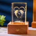 Romantic 3D laser engraved crystal dolphin night light with square wooden Bluetooth base - Dolphin Heart (Style 11) / Rechargeable Multi-color Crystal Base