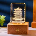 Detailed 3D laser etched crystal night light cube featuring a traditional wooden base - Yellow Crane Tower (Style 13) / Rechargeable Multi-color Crystal Base