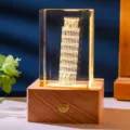 3D laser engraved Leaning Tower of Pisa crystal cube night light on wooden base - Leaning Tower of Pisa (Style 14) / Rechargeable Multi-color Crystal Base