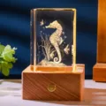 3D laser engraved seahorse crystal cube night light with warm yellow LED wooden base - Seahorse (Style 17) / Rechargeable Multi-color Crystal Base
