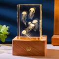 Elegant 3D laser-engraved jellyfish crystal cube night light with natural wooden base - Jellyfish (Style 18) / Rechargeable Multi-color Crystal Base
