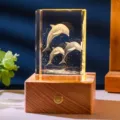3D laser engraved crystal dolphin cube night light with warm wooden LED base - Dolphins (Style 19) / Rechargeable Multi-color Crystal Base