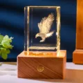 3D laser engraved crystal cube night light featuring an eagle on a premium wooden base - Eagle Style (款式20) / Rechargeable Multi-color Crystal Base