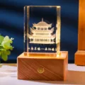 3D laser engraved crystal cube night light with Yueyang Tower on premium wooden base - Yueyang Tower (Style 21) / Rechargeable Multi-color Crystal Base