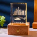 3D laser engraved crystal night light featuring Sydney City skyline and wooden base - Sydney Cityscape (Style 22) / Rechargeable Multi-color Crystal Base