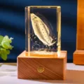 Creative 3D laser engraved fish crystal cube night light on a natural wooden base - Swimming Fish (Style 23) / Rechargeable Multi-color Crystal Base