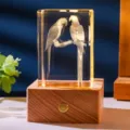 Decorative 3D laser engraved crystal cube night light with parrots on wooden base - Parrot (Style 24) / Rechargeable Multi-color Crystal Base