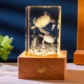 3D laser engraved crystal night light with sea turtle design on wooden base - Sea Turtle Marine Life (Style 25) / Rechargeable Multi-color Crystal Base
