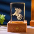 3D laser engraved crystal cube night light featuring Napoleon on a premium wooden base - Napoleon on Horseback (Style 26) / Rechargeable Multi-color Crystal Base