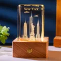 3D laser inner carved New York City landmarks crystal cube night light with wooden base - New York Landmark (Style 27) / Rechargeable Multi-color Crystal Base