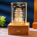 3D inner-etched crystal night light with traditional building and wooden base - Tengwang Pavilion Style (Style 28) / Multicolored Crystal Rechargeable Base