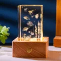 3D laser-etched crystal cube night light featuring marine life scene on a wooden base - Underwater World (Style 32) / Rechargeable Multi-color Crystal Base