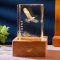 Creative 3D internal engraved crystal night light with eagle motif and warm wood base - Soaring Eagle (Style 34) / Rechargeable Multi-color Crystal Base