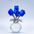 Crystal blue rose flower ornament with clear crystal vase base, elegant home decor gift. - Blue