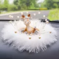 Cute cartoon deer figurine car dashboard ornament with elegant white feathers and pearl decor - Naughty Deer / Fine Feather Anti-Slip Mat + Pearl Decoration