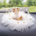 Cute deer car dashboard ornament featuring elegant white feathers and pearl accents - Feather Naughty Deer / Fine Feather Anti-Slip Mat + Artificial Pearl Decoration