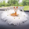 Charming deer car dashboard ornament with white fluffy fur and elegant pearl wire accents - Thinking Deer / Fine Feather Anti-Slip Mat + Artificial Pearl Decoration
