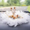 Cute brown deer figurine car dashboard ornament with elegant white feather and pearl decor - Naughty Deer / Feather Sheet Anti-Slip Mat + Artificial Pearl Decoration
