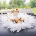 Adorable golden deer car interior ornament with elegant white feathers and pearl decorations - Feather Naughty Deer / Feather Sheet Anti-Slip Mat + Artificial Pearl Decoration