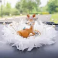 Cute fawn car ornament with white feathers and elegant pearl decorations for dashboard - Thinking Deer / Feather Sheet Anti-Slip Mat + Artificial Pearl Decoration
