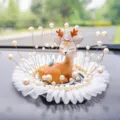 Elegant deer car dashboard ornament with pearl accents and white lace ruffle detail - Thinking Deer / Gauze Anti-Slip Mat + Artificial Pearl Decoration