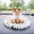 Cute deer car dashboard ornament with white pearls and lace base decoration - Feather Shy Deer / Gauze Anti-Slip Mat + Artificial Pearl Decoration