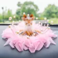 Decorative cute fawn car ornament featuring soft pink feathers and elegant faux pearls - Feather Shy Deer / Pink Feather Sheet Anti-Slip Mat + Artificial Pearl Decoration