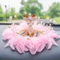 Adorable deer figurine car ornament with pink feathers and elegant pearls for dashboard decor - Shy Deer / Pink Feather Sheet Anti-Slip Mat + Artificial Pearl Decoration