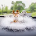 Decorative deer car dashboard ornament surrounded by soft white feathers and rhinestone hearts - Feather Shy Deer / Plush Anti-Slip Mat + Silver Rhinestone Heart