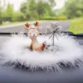 Adorable deer figurine car dashboard ornament with heart tree and soft white feathers - Naughty Deer / Plush Anti-Slip Mat + Silver Rhinestone Heart