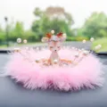 Cute deer car dashboard ornament featuring soft pink feathers and elegant pearl accents - Shy Deer / Pink Fine Feather Anti-Slip Mat + Artificial Pearl Decoration