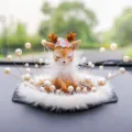 Creative deer car dashboard ornament featuring a floral crown with pearl and fur details - Feather Shy Deer / Plush Anti-Slip Mat 2 + Artificial Pearl Decoration