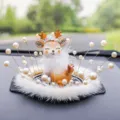 Cute deer car dashboard figurine with fluffy white fur and elegant pearl wire accents - Feather Naughty Deer / Plush Anti-Slip Mat 2 + Artificial Pearl Decoration