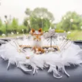 Cute cartoon deer car dashboard ornament with white feathers and elegant pearls - Feather Shy Deer / Feather Anti-Slip Mat + Artificial Pearl Decoration + Silver Diamond Heart