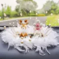 Exquisite decorative safety deer car ornament set with elegant white feathers and pearls - Feather Shy Deer / Feather Anti-Slip Mat + Artificial Pearl Decoration + Swan Shape Bottle + Silver Pink Diamond Balloon