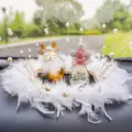 Exquisite cute deer and crystal swan car dashboard ornament set with white feathers - Feather Naughty Deer / Feather Anti-Slip Mat + Artificial Pearl Decoration + Swan Shape Bottle + Silver Pink Diamond Balloon