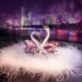 Elegant pink and clear crystal swan car ornament on white fluffy mat - Pink With Feathers / Pink