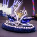 Crystal swan car ornament with blue crystals, rhinestones and pearl base for auto decor. - Blue Crystal Swan
