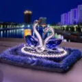 Crystal Swan Car Ornament Dual Swan Rhinestone Dashboard Perfume Base Decoration - Blue Crystal Swan with Mink Fur Mat