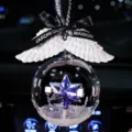 Elegant car crystal hanging ornament with purple star and white angel wings detail. - White Letters Black Ribbon with White Wings Style / Black