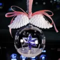 Exquisite crystal ball car pendant with purple star and white angel wings ornament - Pink Ribbon with White Wings Style