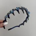 Elegant navy blue satin headband with shimmering blue crystals and grip teeth - Wave Rhinestone Style / Dark Blue
