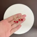 French style sweet cherry earrings featuring red heart crystals and a gold finish - Heart Cherry Style (E4811) / Gold Red