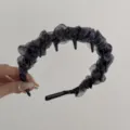 Elegant grey leopard print ruffled organza headband with non-slip teeth, variant view - Wavy Style (54#) / Grey Leopard