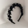 Elegant black pleated satin headband with smoky crystal beads and unique spike details - Pleated Rhinestone Style / Black